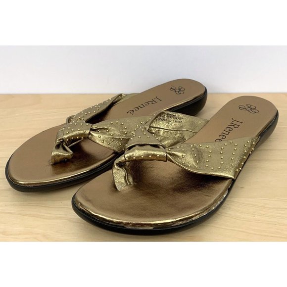 J. RENEE Gold Leather Studded Flat Flip Flop Thong Sandals Size 7 W - Picture 3 of 9